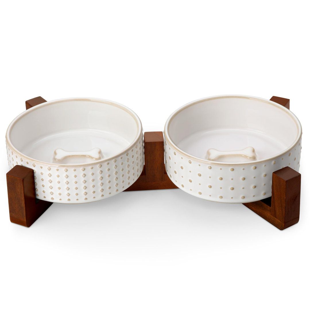 CERAMIC PET BOWL WITH WALNUT STAND